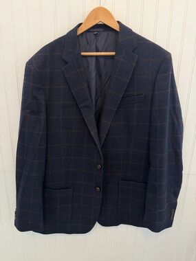 Jos A. Bank Blue Plaid Check Wool Tailored Fit Blazer Sport Coat Jacket Size 46L